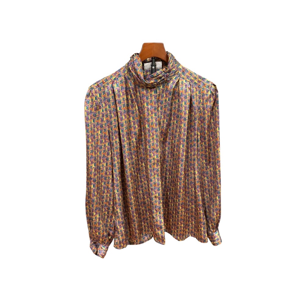 Yves St Clair Vintage Geometric Basketweave Mock Neck Blouse Multi Color Sz 16